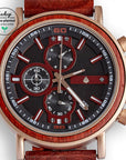 Luxury handmade chronograph wood watch for men, upcycled red sandalwood and ebony, stylish eco-friendly design with gold red black brown tones by The Sustainable Watch Company at brixbailey.com