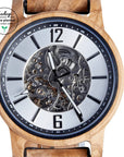 Premium olive wood watch for men, handcrafted upcycled natural grain, exposed mechanics, glass back, stylish lightweight design by The Sustainable Watch Company at brixbailey.com