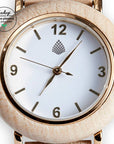 Upcycled maple wood watch, handcrafted recycled wood, white dial, gold accents, light natural wood, premium women's wristwatch by The Sustainable Watch Company at brixbailey.com