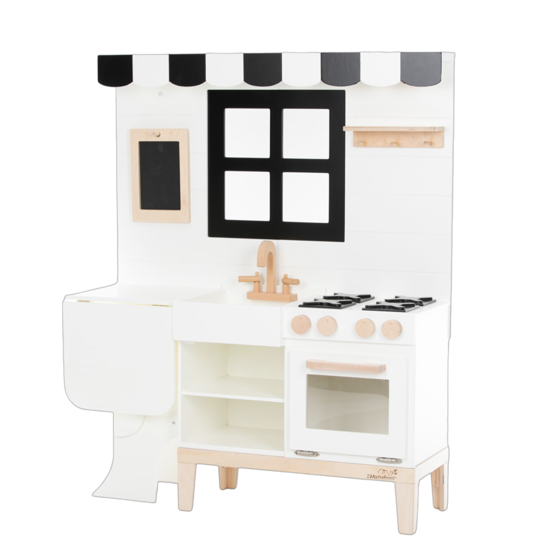 White and black farmhouse play kitchen by 2MamaBees with chalkboard and turning faucet at www.brixbailey.com