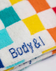 Premium checkered socks, colorful squared design, playful personality, elasticated band, 80 cotton 18 polyamide, sizes 4-8, white and grey by Body and I at brixbailey.com