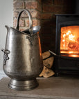 Antique pewter coal bucket with gunmetal finish, intricate leaf motifs, perfect as firewood holder or decorative planter by sostter at brixbailey.com