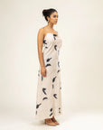 Lola printed dress, premium upcycled cotton linen blend, cream printed, regular fit, handcrafted in India, limited edition, stylish patchwork details by Bethikal at brixbailey.com