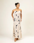 Lola printed dress, premium upcycled cotton linen blend, stylish cream printed, fair wage handmade in India, limited edition by Bethikal at brixbailey.com