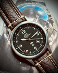 B-17 Tribute - Stainless Steel, Brush Finish, Black Dial, Brown Leather Band with Stitching