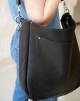 Black Leather Tote with Front Pocket
