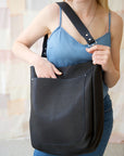 Black Leather Tote with Front Pocket