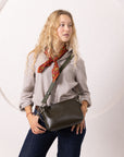 Leather Shoulder and Clutch Bag in Dirty Green
