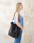 Black Leather Tote with Front Pocket
