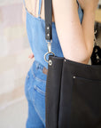 Black Leather Tote with Front Pocket