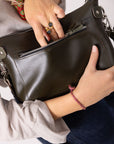 TOMMY Leather Bag with Two Handles - Dirty Green