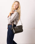 Leather Shoulder and Clutch Bag in Dirty Green