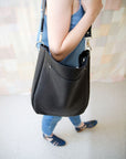 Black Leather Tote with Front Pocket