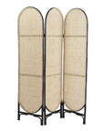 Luxury natural black rattan room divider, elegant webbed screen, stylish three-panel folding partition by Ella James at brixbailey.com