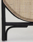 Luxury handcrafted rattan room divider, elegant webbed design with black trim, stylish three-panel folding screen by Ella James at brixbailey.com