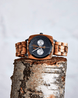 Premium vegan wooden watch for men, handcrafted upcycled zebrawood bezel and band, black watch face with day date dials by The Sustainable Watch Company at brixbailey.com