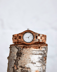 Premium sustainable Zebrawood watch for women, handcrafted reclaimed wood, natural brown grain, minimalist bright dial by The Sustainable Watch Company at brixbailey.com