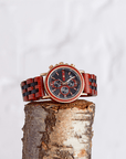 Luxury handmade chronograph wood watch for men, upcycled red sandalwood and ebony, stylish eco-friendly gold red black brown tones by The Sustainable Watch Company at brixbailey.com