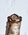 Luxury handmade wooden watch for men, recycled chacate preto and olive wood, gold mechanical movement, stylish rosewood design by The Sustainable Watch Company at brixbailey.com