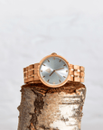 Premium handmade recycled olive wood watch with gold metal links, stylish sustainable teak wood timepiece by The Sustainable Watch Company at brixbailey.com