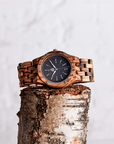 Natural wood watch for men, premium brown Zebrawood grain, handcrafted upcycled vegan watch, stylish eco-friendly timepiece by The Sustainable Watch Company at brixbailey.com