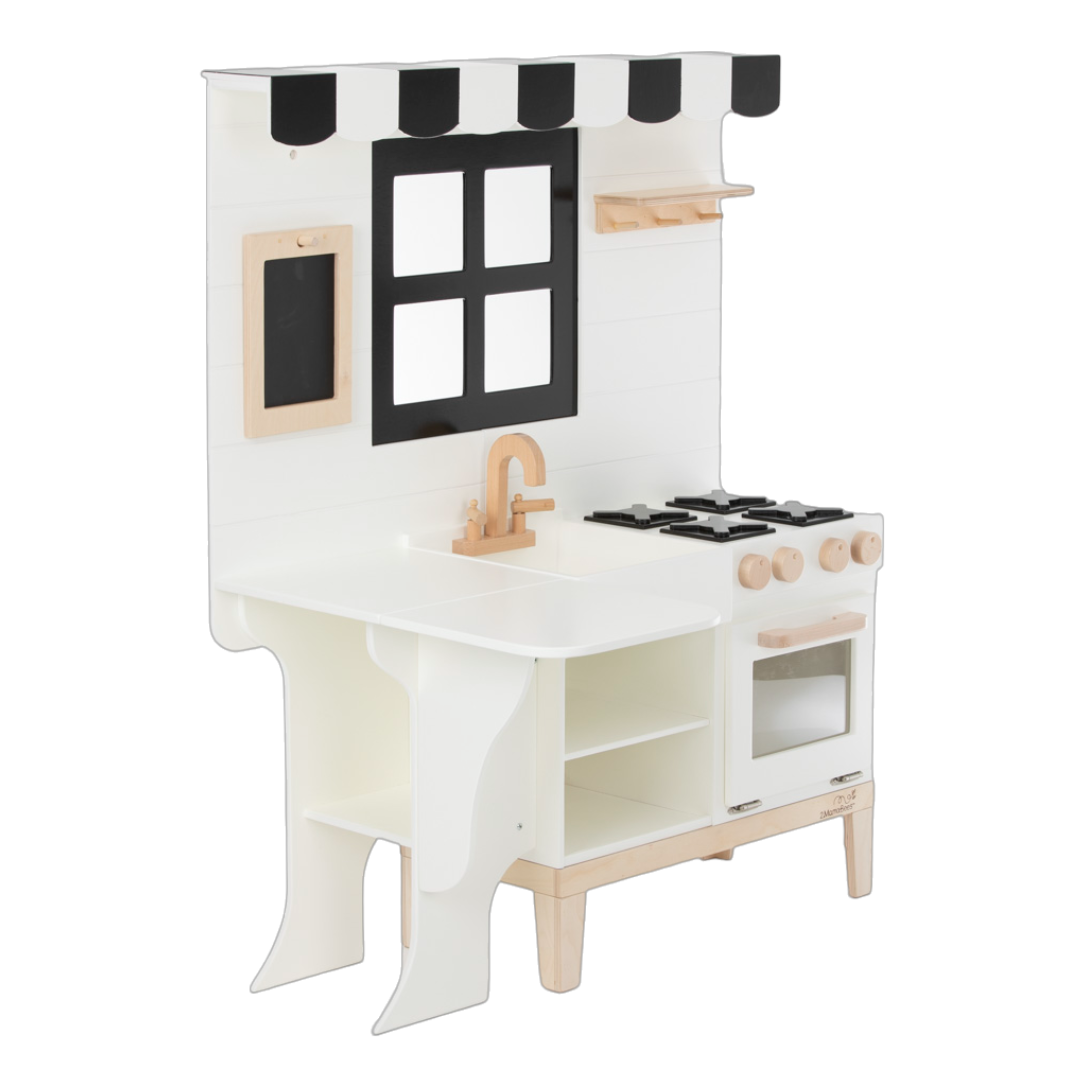 White and black farmhouse play kitchen by 2MamaBees with chalkboard and turning handles at www.brixbailey.com