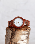 Magnolia luxury wooden watch for women, elegant handmade sustainable timepiece with red sandalwood and gold accents by The Sustainable Watch Company at brixbailey.com