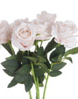 Lifelike pastel pink faux tea rose with realistic green foliage, perfect for home decor or bouquets. by sostter at brixbailey.com