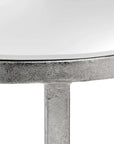 Silver mirrored console table with floating half-moon design and cross beams for modern interiors by RoomLondon at brixbailey.com