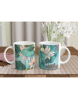 11oz White Ceramic Mug | Coffee Cup with 'Lily Pads' Floral Artwork by American Artist Barbara Cleary