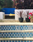 Luxury Moroccan cement tiles, blue yellow cream geometric pattern, premium handcrafted floor and wall tiles, stylish SOUK design by Maria Starling Design at brixbailey.com