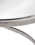 Modern silver mirrored side tables with curved metal frame, set of two for contemporary living room decor by RoomLondon at brixbailey.com