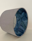 Grey velvet drum lampshade/ ceiling light shade with blue leaves paper interior