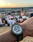 Premium handcrafted mens wood watch with recycled ebony and sandalwood, exposed mechanical movement, eco-friendly luxury timepiece by The Sustainable Watch Company at brixbailey.com