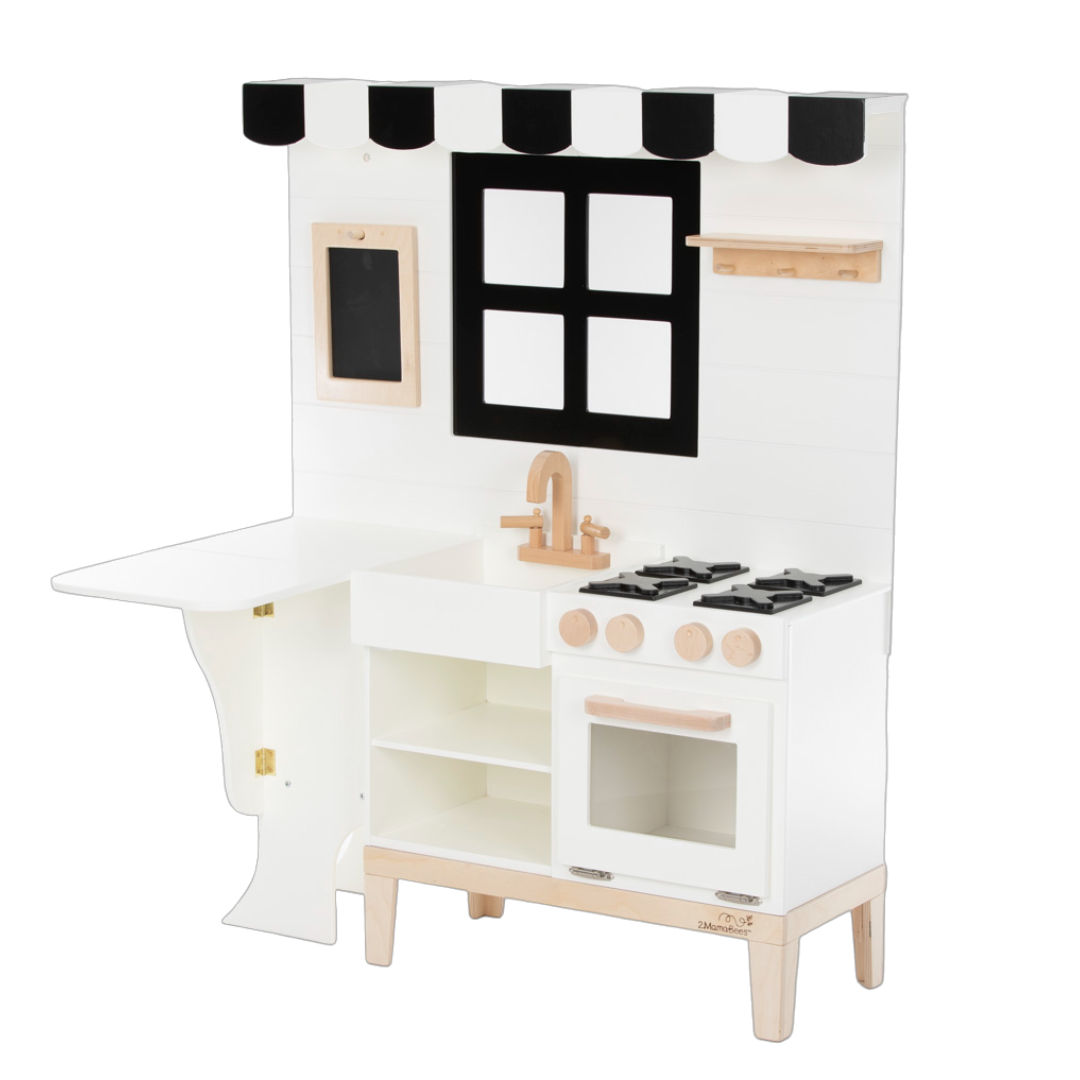 White and black farmhouse play kitchen by 2MamaBees with chalkboard and turning faucet at www.brixbailey.com