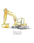 Digger construction site hand painted greetings card