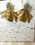 Textured Gold Bloom Earrings with Moonstone/Labradorite Tops – Brass Boho Statement.