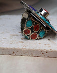 Adjustable Tibetan Silver Ring – Turquoise, Coral & Lapis Inlay