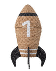 Premium rocket-shaped seagrass storage basket with lid, stylish black and white handpainted design, natural woven toy or laundry organizer by Ella James at brixbailey.com