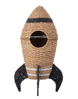 Premium rocket-shaped seagrass storage basket with lid, stylish black and white handpainted design, natural woven toy or laundry organizer by Ella James at brixbailey.com