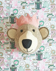 Luxury mini baby bear head with pink crown, stylish nursery decor for princess rooms, soft pastel wall art by Ella James at brixbailey.com