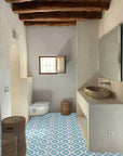 Luxury Moroccan cement tiles, Souk pattern in turquoise, premium handcrafted bathroom and kitchen tiles, vibrant exotic design by Maria Starling Design at brixbailey.com