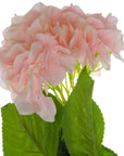 Lifelike faux pink hydrangea blossom with green leaves, perfect for farmhouse or modern home decor. by sostter at brixbailey.com