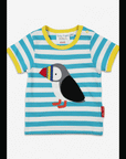 Premium organic cotton baby t-shirt with playful puffin applique, blue and white stripes, hidden fish surprise, soft GOTS-certified fabric by Toby Tiger at brixbailey.com
