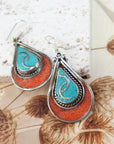 Tibetan Teardrop Earrings – Turquoise Swirl & Coral