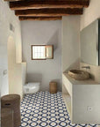Premium Moroccan cement tiles, yellow and black bathroom kitchen tiles, handcrafted vibrant patterns, authentic luxury flooring, high-traffic durable by Maria Starling Design at brixbailey.com