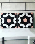 Premium FAIZA porcelain tiles, luxury black white pink Moroccan pattern, stylish anti-slip floor and wall tiles, indoor outdoor use by Maria Starling Design at brixbailey.com