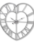 Elegant silver heart-shaped skeleton wall clock with roman numerals, 89cm, minimalist metal design for modern decor by sostter at brixbailey.com
