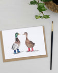 Ducks in wellies hand painted greetings card