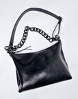 Black Leather Handbag with Metallic Straps